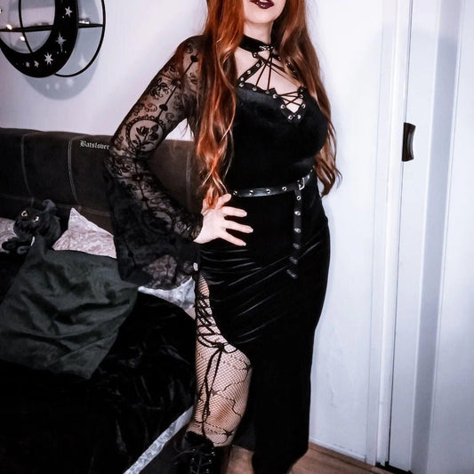 Gothic Flare Sleeved Velvet Slit Maxi Dress
