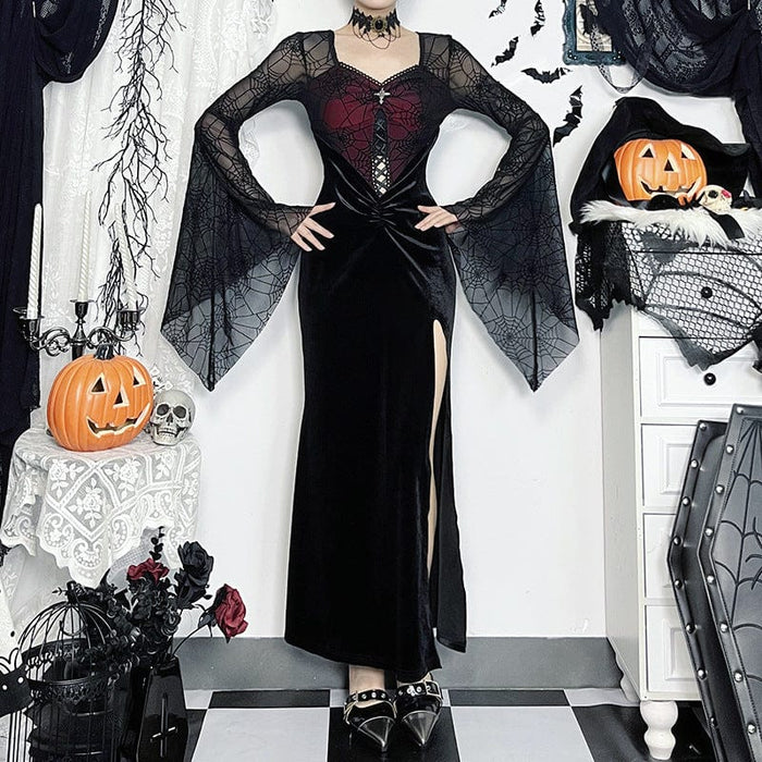 Gothic Flared Sleeved Velvet Splice Witch Dress