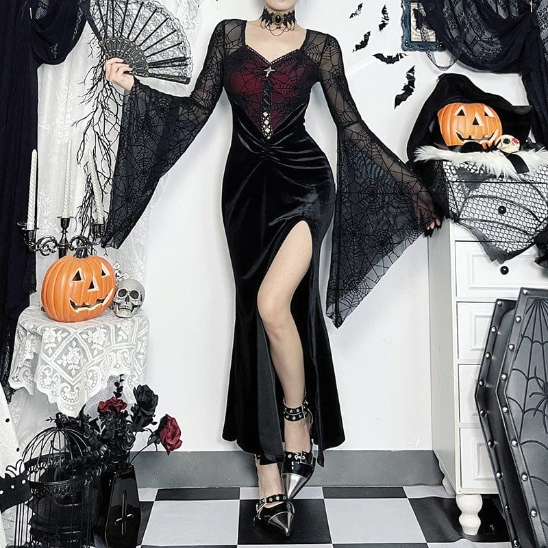 Gothic Flared Sleeved Velvet Splice Witch Dress