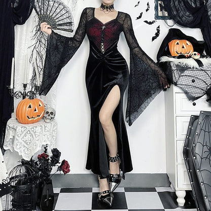 Gothic Flared Sleeved Velvet Splice Witch Dress