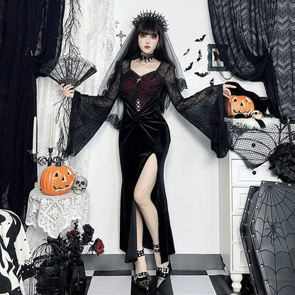 Gothic Flared Sleeved Velvet Splice Witch Dress