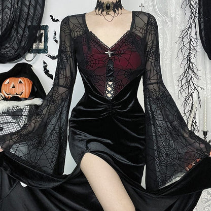 Gothic Flared Sleeved Velvet Splice Witch Dress