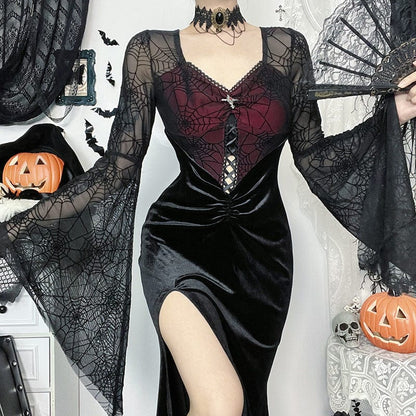 Gothic Flared Sleeved Velvet Splice Witch Dress