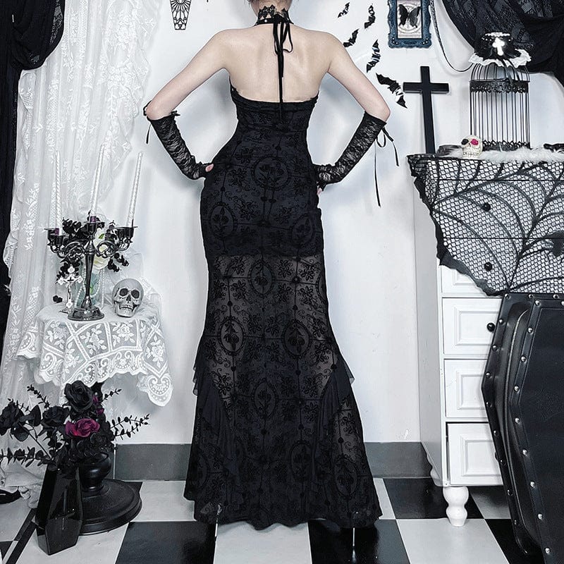 Gothic Halterneck Flocking Mesh Fishtail Dress