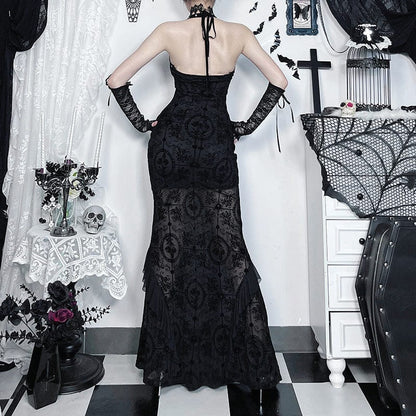 Gothic Halterneck Flocking Mesh Fishtail Dress