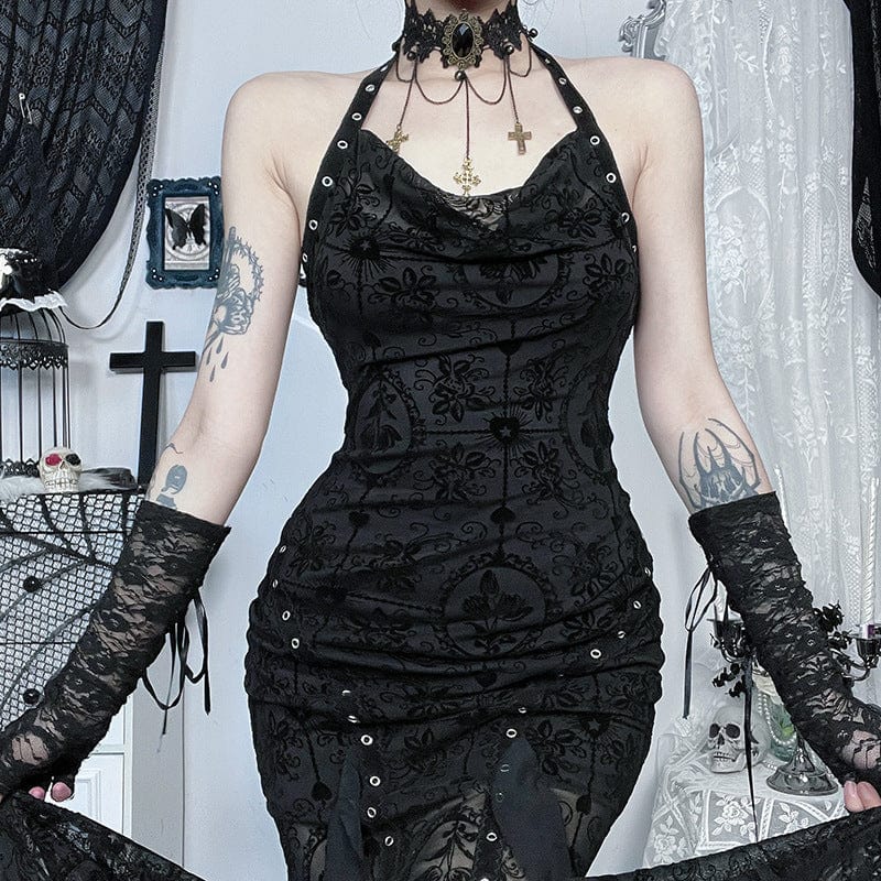 Gothic Halterneck Flocking Mesh Fishtail Dress