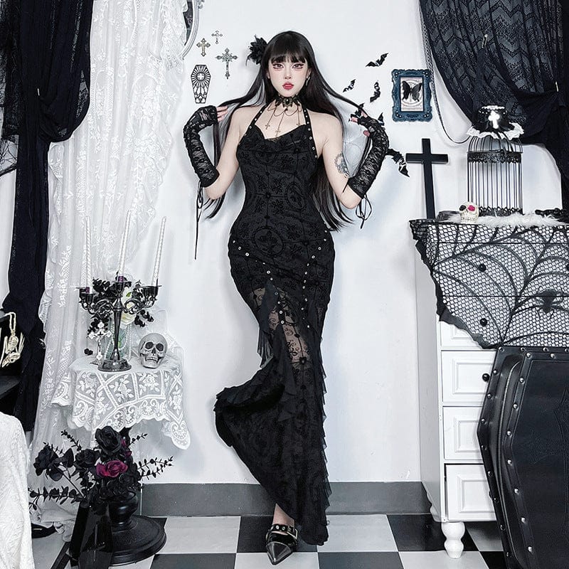 Gothic Halterneck Flocking Mesh Fishtail Dress