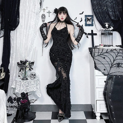 Gothic Halterneck Flocking Mesh Fishtail Dress