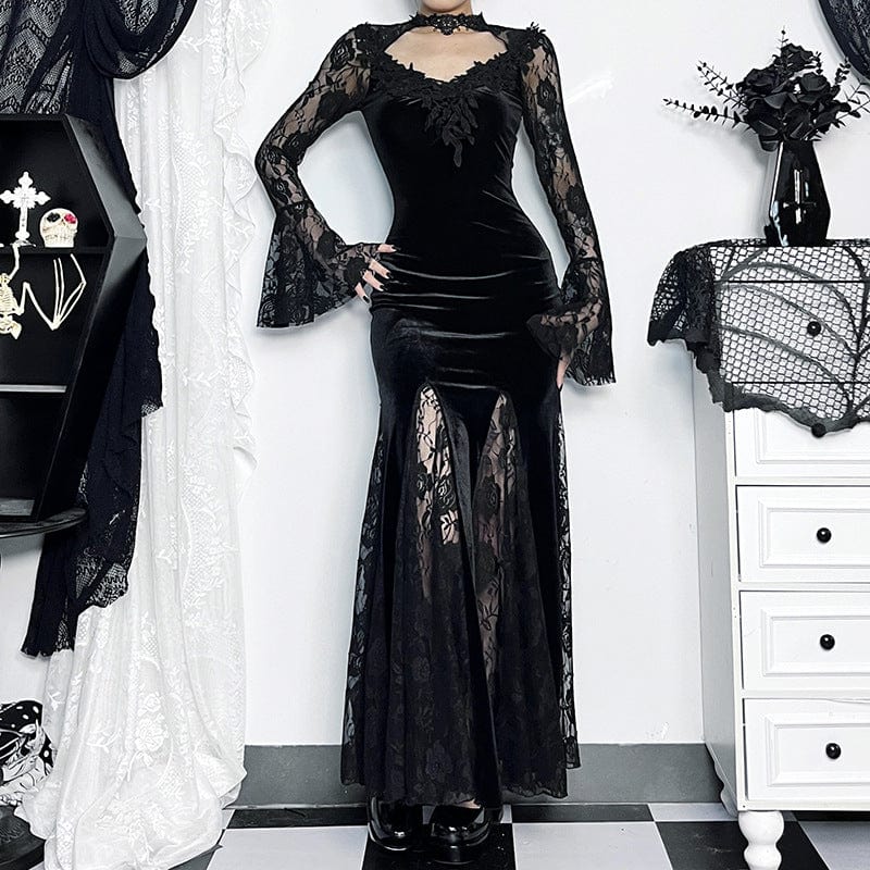 Gothic Lace Splice Split Fishtail Dress