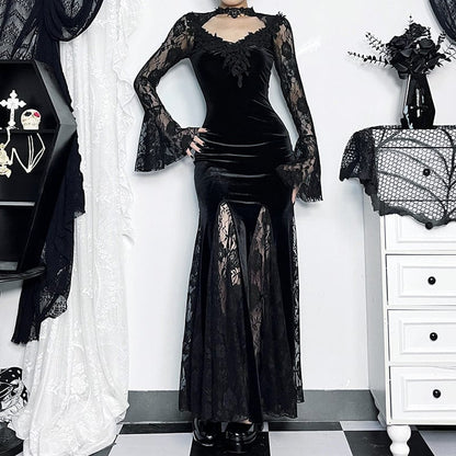 Gothic Lace Splice Split Fishtail Dress