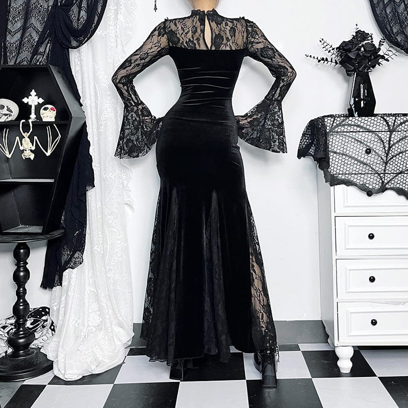 Gothic Lace Splice Split Fishtail Dress