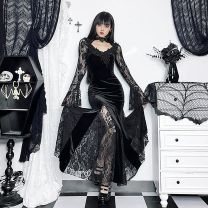Gothic Lace Splice Split Fishtail Dress