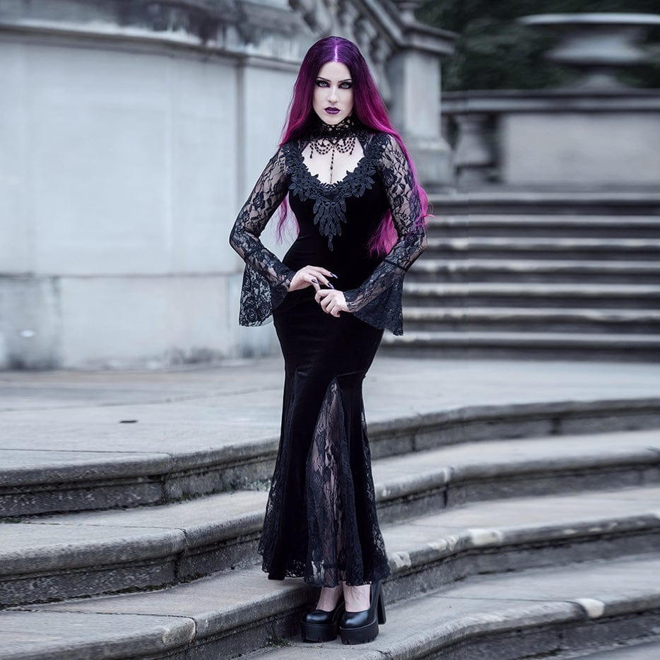 Gothic Lace Splice Split Fishtail Dress