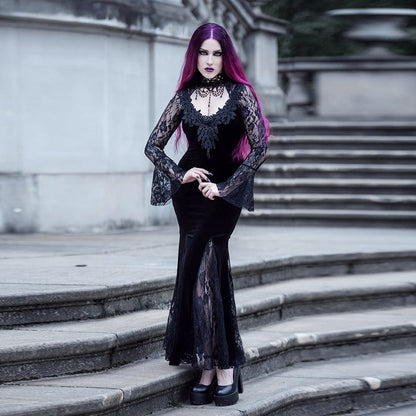 Gothic Lace Splice Split Fishtail Dress