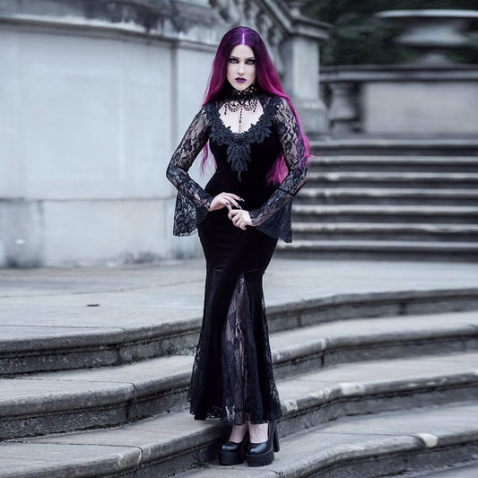 Gothic Lace Splice Split Fishtail Dress