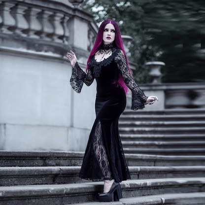 Gothic Lace Splice Split Fishtail Dress