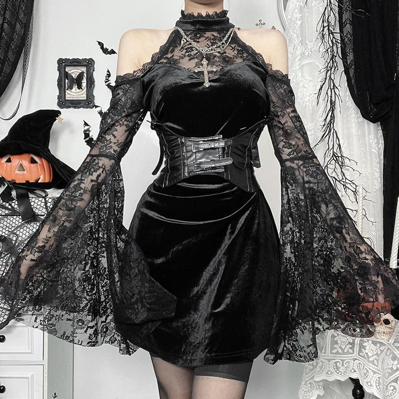 Gothic Lace Velvet Halter Short Dress