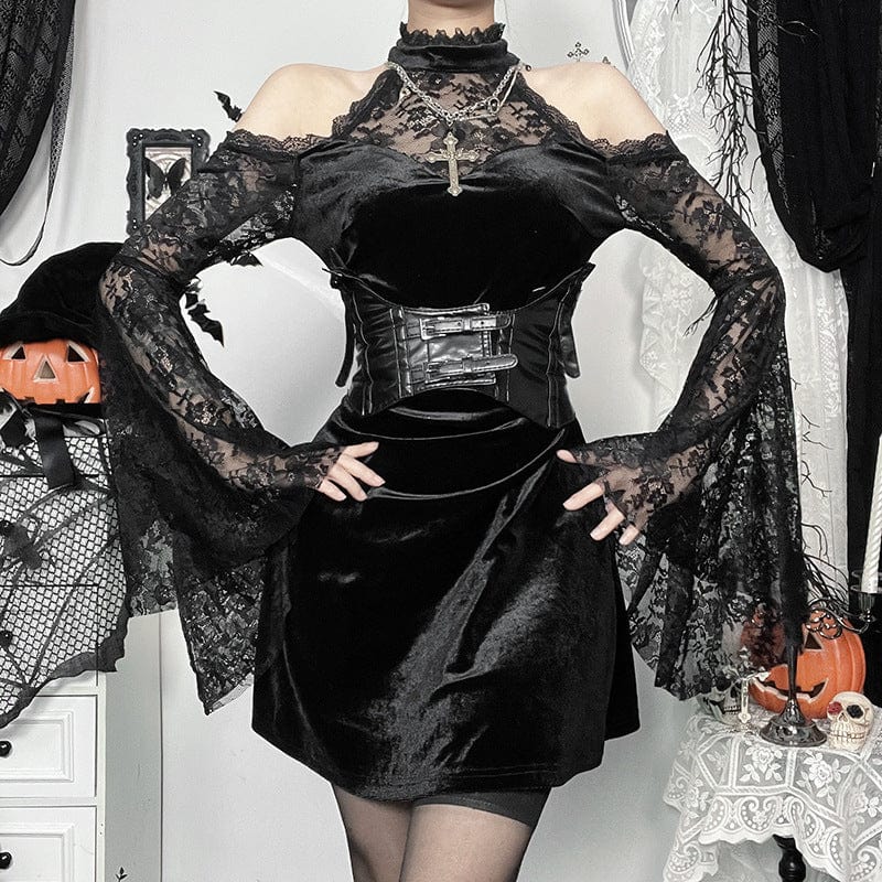 Gothic Lace Velvet Halter Short Dress