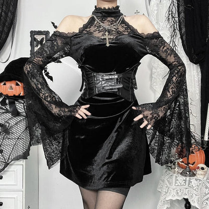 Gothic Lace Velvet Halter Short Dress
