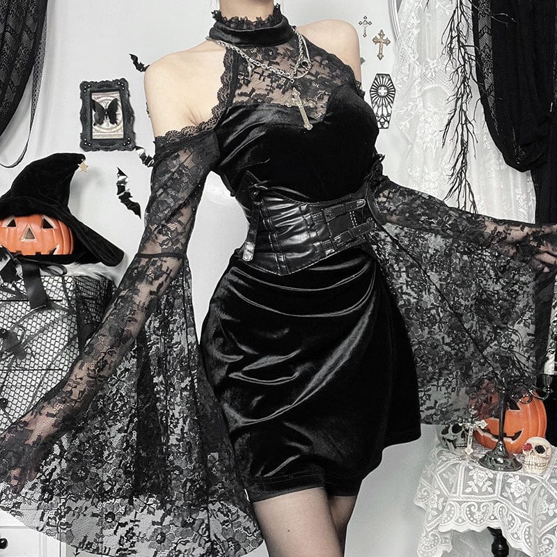 Gothic Lace Velvet Halter Short Dress