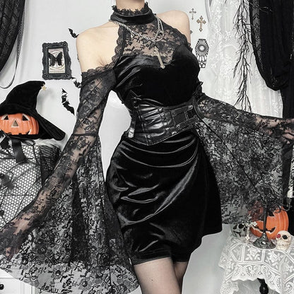 Gothic Lace Velvet Halter Short Dress