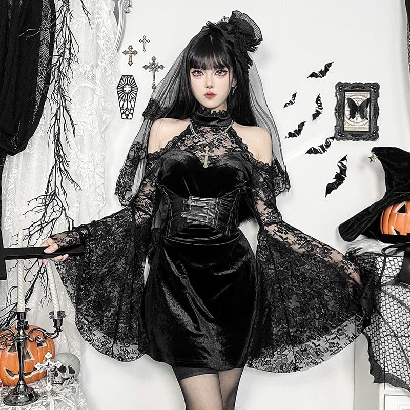 Gothic Lace Velvet Halter Short Dress