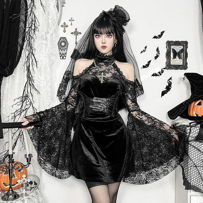 Gothic Lace Velvet Halter Short Dress