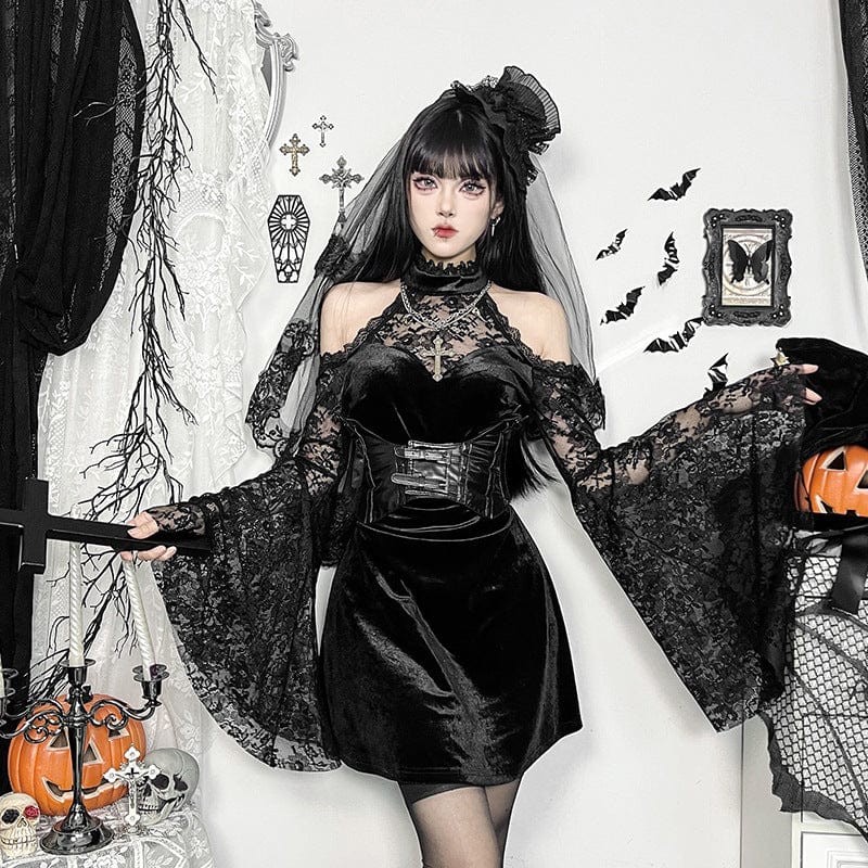 Gothic Lace Velvet Halter Short Dress