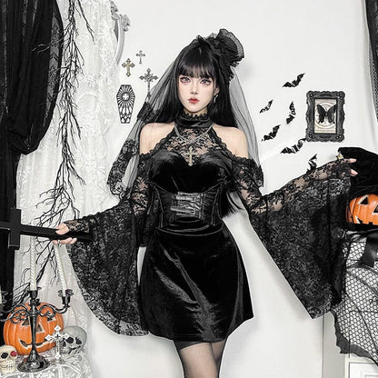 Gothic Lace Velvet Halter Short Dress
