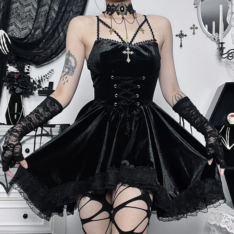 Gothic Lacing-up Lace-trimmed Velvet Short Dress Graduation Dress