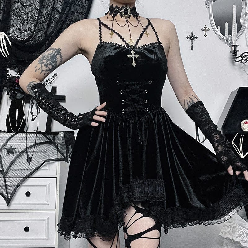 Gothic Lacing-up Lace-trimmed Velvet Short Dress Graduation Dress