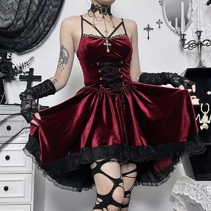 Gothic Lacing-up Lace-trimmed Velvet Short Dress Graduation Dress