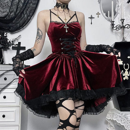 Gothic Lacing-up Lace-trimmed Velvet Short Dress Graduation Dress