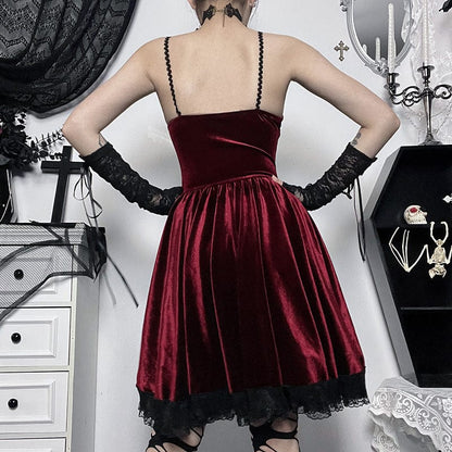 Gothic Lacing-up Lace-trimmed Velvet Short Dress Graduation Dress
