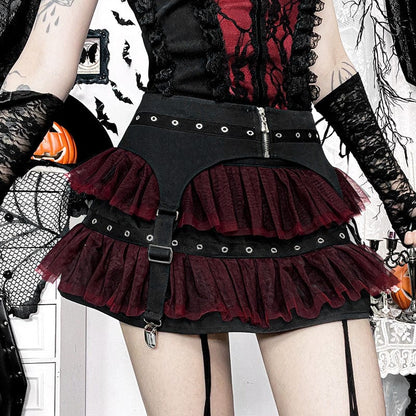 Gothic Mesh Buckle-up Short Skirt Black Red