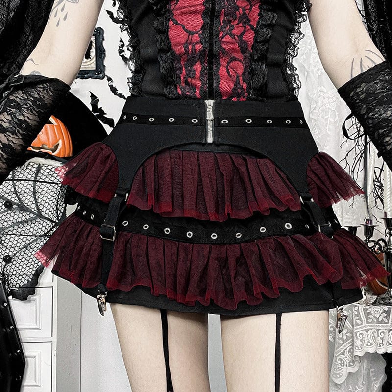 Gothic Mesh Buckle-up Short Skirt Black Red