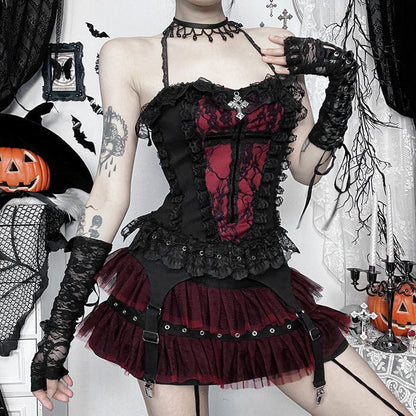 Gothic Mesh Buckle-up Short Skirt Black Red