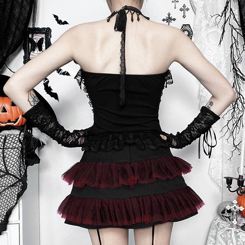 Gothic Mesh Buckle-up Short Skirt Black Red