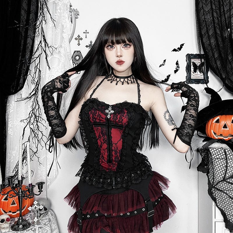 Gothic Mesh Buckle-up Short Skirt Black Red