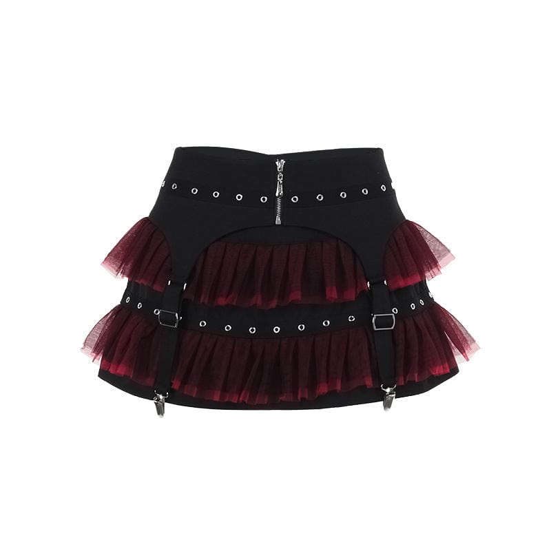 Gothic Mesh Buckle-up Short Skirt Black Red
