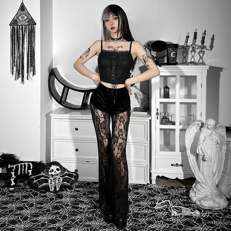 Gothic Rose Mesh Splice Velvet Pants