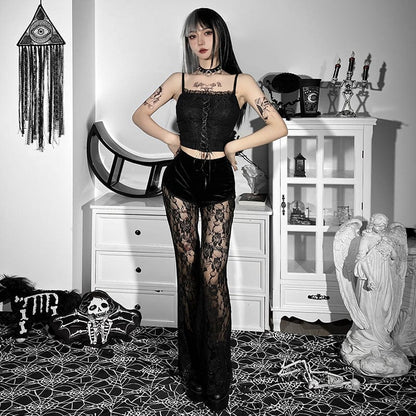 Gothic Rose Mesh Splice Velvet Pants