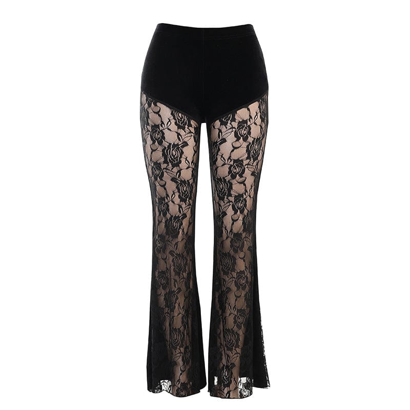 Gothic Rose Mesh Splice Velvet Pants