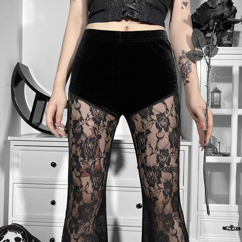 Gothic Rose Mesh Splice Velvet Pants