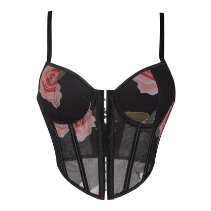 Gothic Rose Printed Mesh Lace-up Overbust Corset