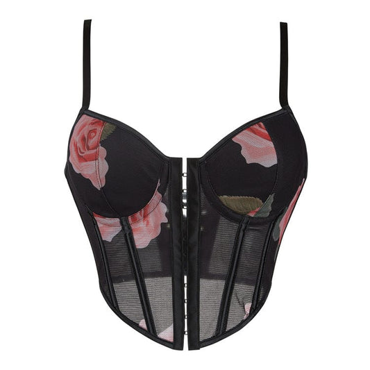 Gothic Rose Printed Mesh Lace-up Overbust Corset
