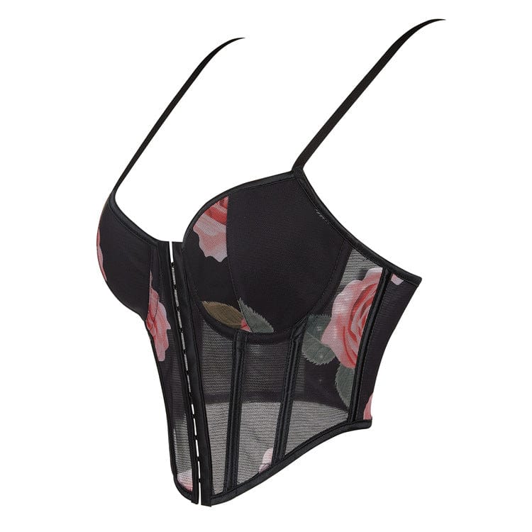 Gothic Rose Printed Mesh Lace-up Overbust Corset