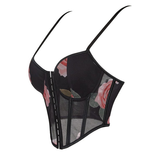 Gothic Rose Printed Mesh Lace-up Overbust Corset