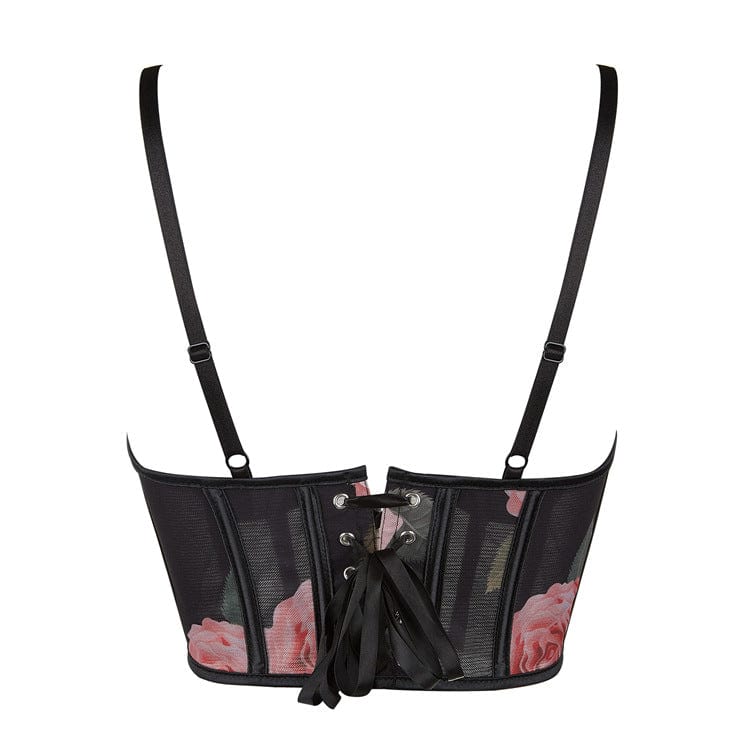 Gothic Rose Printed Mesh Lace-up Overbust Corset