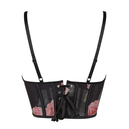 Gothic Rose Printed Mesh Lace-up Overbust Corset